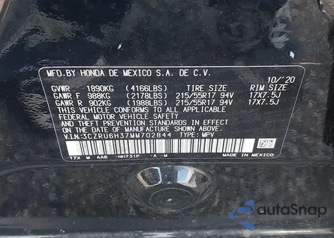 2021 Honda Hr-V Awd Lx from USA, damaged, VIN 3CZRU6H37MM702844